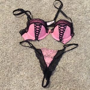 Black and pink bra/thong. Lace. By Jezebel.
